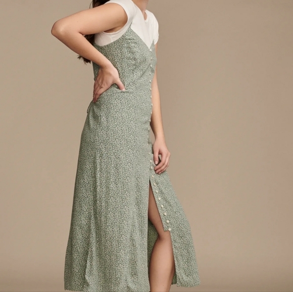Lucky Brand Floral Button Front Laced Back Green Slip Dress, XL - Picture 3 of 11
